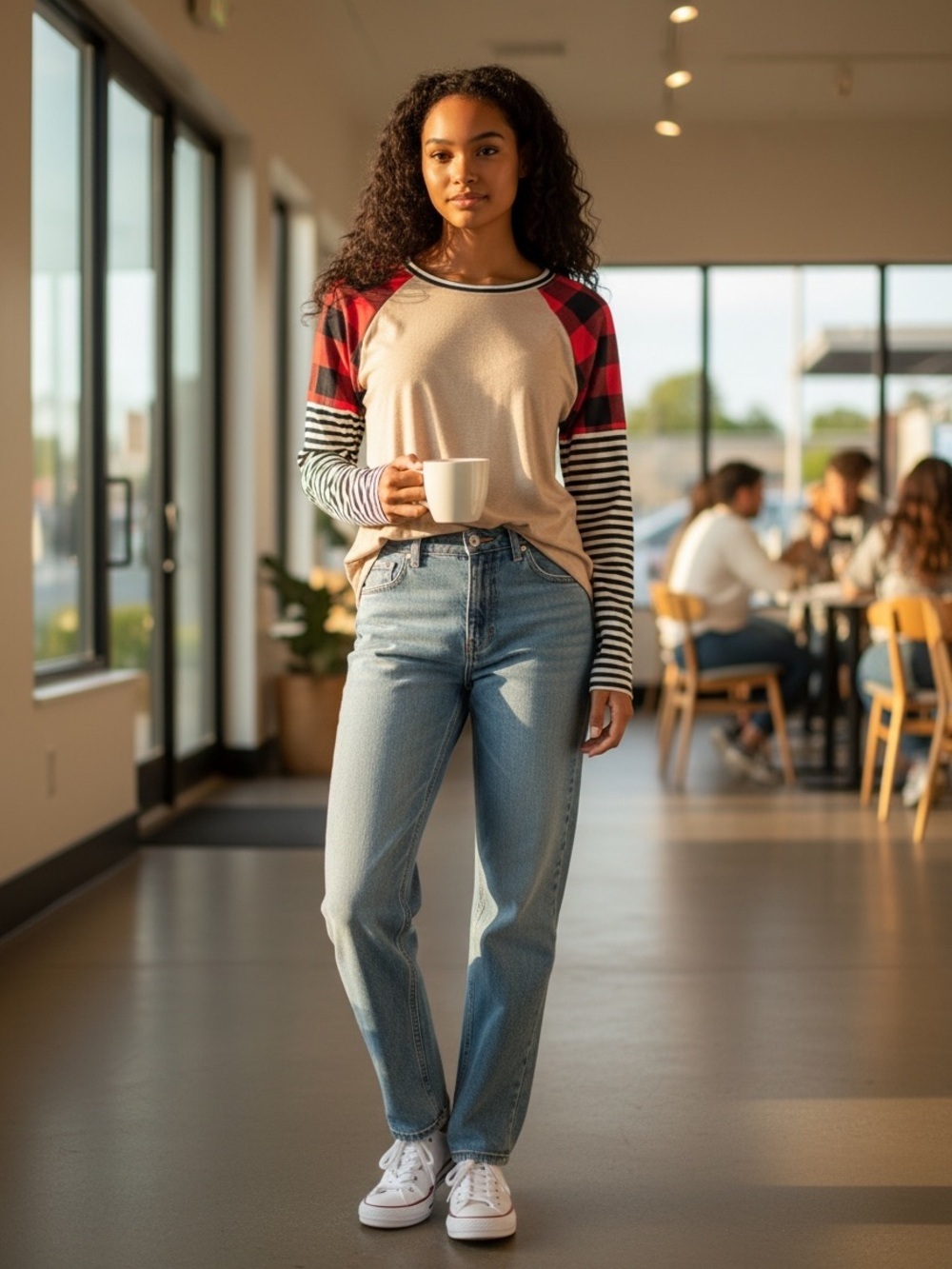 Fashion Nova Beige Raglan Top with Red Buffalo Plaid & Black-White Stripes